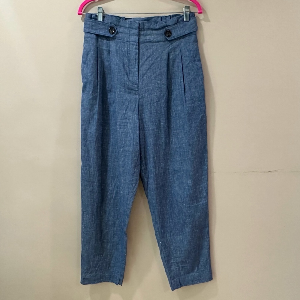 Ann Taylor Chambray Paperbag Pants Blue Linen Blend Pleated Tapered Women’s 6